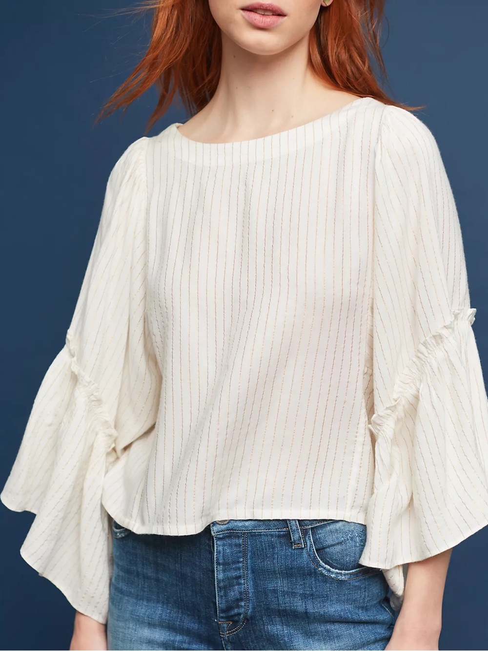 Floreat Anthropologie Cream Gold Lurex Stripe Ruffle Bell Sleeve Blouse S